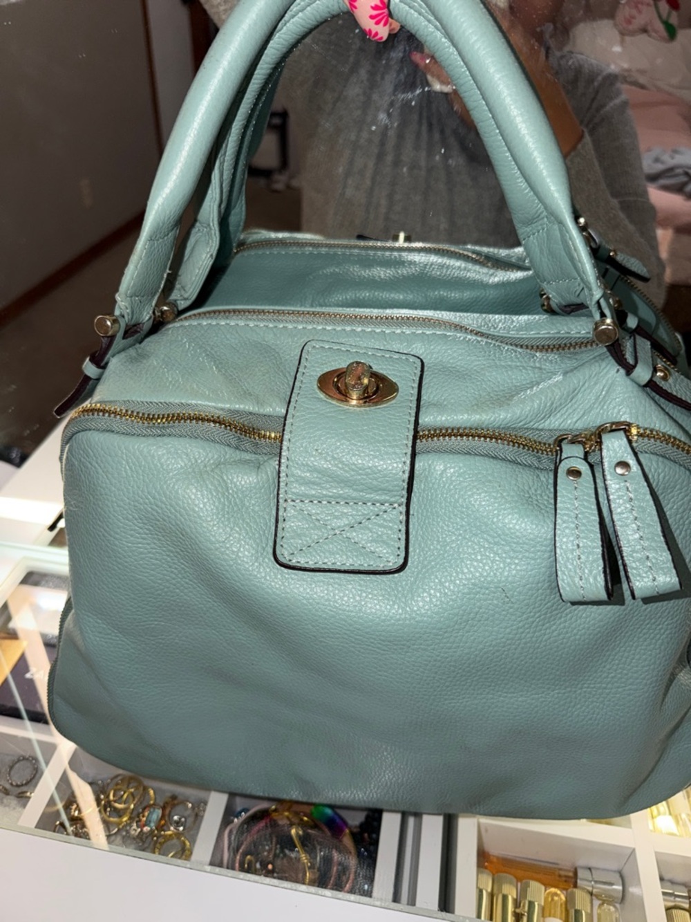 Mint Green Large Leather Satchel Handbag